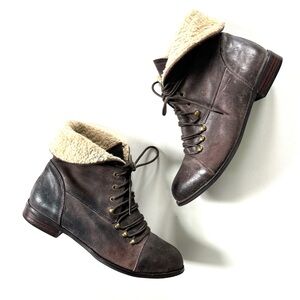 Miz Mooz Brown Genuine Leather Lace Up Fur Collar Foldover Combat Hiro Boots